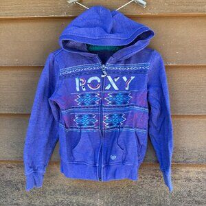 Roxy Girls Purple Zip-Up Hoodie Size M 10/12 With Aztec Pattern & Logo